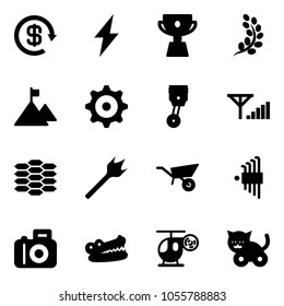 Solid vector icon set - dollar reload vector, lightning, cup, golden branch, mountain, gear, piston, fine signal, carbon, wood drill, wheelbarrow, allen key set, camera, crocodile, helicopter toy