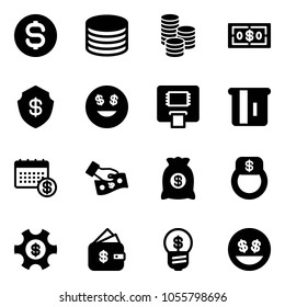 Solid vector icon set - dollar coin vector, safe, smile, atm, calendar, cash pay, money bag, finger ring, managemet, finance management, business idea