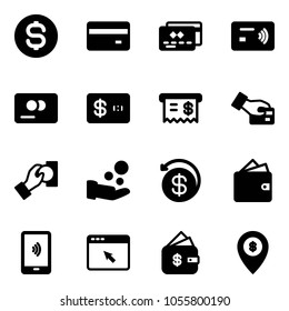 Solid vector icon set - dollar coin vector, credit card, tap pay, receipt, cash, money back, wallet, mobile payment, cursor browser, finance management, atm map pin