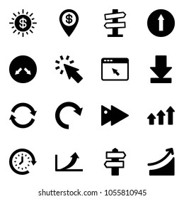 Solid vector icon set - dollar sun vector, pin, road signpost sign, only forward, detour, cursor, browser, download, refresh, redo, fast, arrows up, clock around, growth arrow, rise