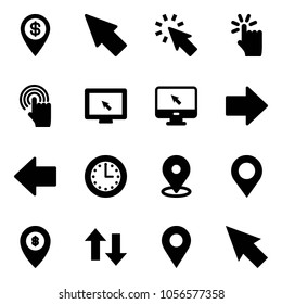 Solid vector icon set - dollar pin vector, cursor, hand touch, monitor, right arrow, left, time, map, atm, up down arrows, navigation