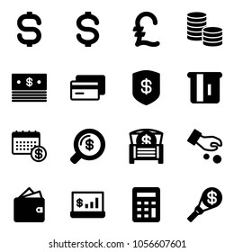 Solid vector icon set - dollar sign vector, pound, coin, credit card, safe, atm, calendar, money search, chest, investment, wallet, account statistics, calculator, torch