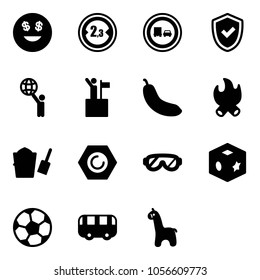 Solid vector icon set - dollar smile vector, limited width road sign, no truck overtake, shield check, world, win, banana, fire, bucket scoop, nut, protective glasses, cube toy, soccer ball, bus