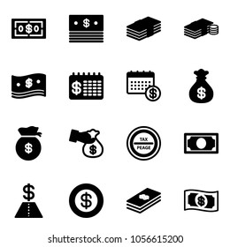 Solid vector icon set - dollar vector, cash, finance calendar, money bag, encashment, tax peage road sign