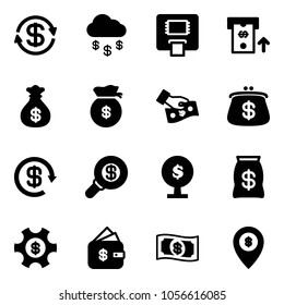 Solid vector icon set - dollar exchange vector, money rain, atm, bag, cash pay, purse, reload, search, tree, managemet, finance management, map pin