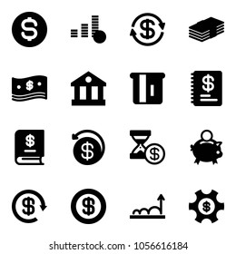 Solid vector icon set - dollar coin vector, exchange, cash, bank, atm, annual report, money back, account history, piggy, reload, growth, management