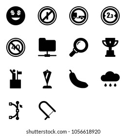 Solid vector icon set - dollar smile vector, no parking odd, trailer road sign, limited width, end minimal speed limit, network folder, magnifier, win cup, pennant, banana, rain cloud, bezier