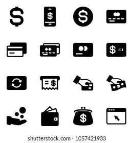 Solid vector icon set - dollar sign vector, mobile payment, coin, credit card, exchange, receipt, pay, cash, wallet, purse, cursor browser