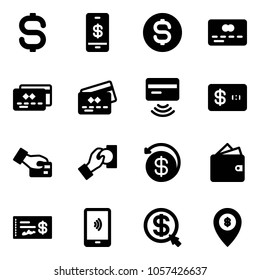 Solid vector icon set - dollar sign vector, mobile payment, coin, credit card, tap pay, cash, money back, wallet, check, click, atm map pin