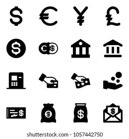 Solid vector icon set - dollar vector, euro, yen, pound, coin, bank, atm, card pay, cash, check, money bag, mail