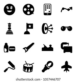 Solid vector icon set - dollar smile vector, film coil, mobile, chart point arrow, chess queen, flag, solution, sunglasses, uv cream, saw, jointer, machine tool, paint roller, drum, beanbag