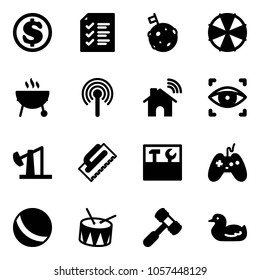 Solid vector icon set - dollar vector, list, moon flag, parasol, grill, antenna, wireless home, eye scanner, oil derrick, trowel, tool box, joystick, ball, drum, toy hammer, duck