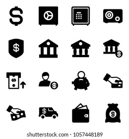 Solid vector icon set - dollar sign vector, safe, bank, account, atm, piggy, card pay, cash, encashment car, wallet, money bag