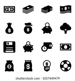 Solid vector icon set - dollar vector, cash, money bag, piggy bank, upload cloud, save, wallet time, business idea, lifebuoy