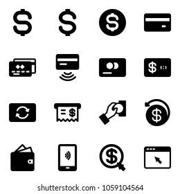Solid vector icon set - dollar sign vector, coin, credit card, tap pay, exchange, receipt, cash, money back, wallet, mobile payment, click, cursor browser