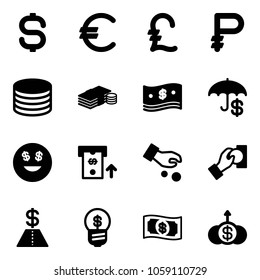 Solid vector icon set - dollar sign vector, euro, pound, ruble, coin, cash, insurance, smile, atm, investment, pay, business idea, money, growth