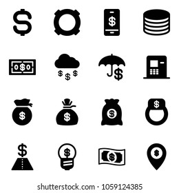 Solid vector icon set - dollar sign vector, currency, mobile payment, coin, money rain, insurance, atm, bag, finger ring, business idea, map pin
