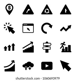Solid vector icon set - dollar pin vector, turn right road sign, round motion, intersection, cursor, browser, redo, growth arrow, arrows up, signpost, career, rise, cloud exchange data, playback