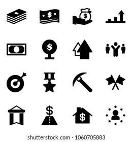 Solid vector icon set - dollar vector, cash, investment, growth arrow, money, tree, up, team leader, target, star medal, rock axe, flags cross, pennant, home, man