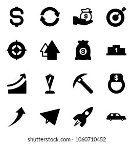 Solid vector icon set - dollar sign vector, exchange, investment, target, arrow up, money bag, pedestal, rise, pennant, rock axe, finger ring, growth, paper fly, rocket, limousine