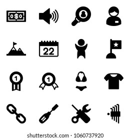 Solid vector icon set - dollar vector, volume max, head hunter, manager, attainment, calendar, success, flag, gold medal, swimsuit, t shirt, link, chisel, wrench screwdriver, allen key set