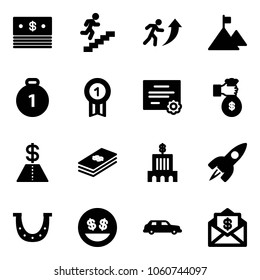 Solid vector icon set - dollar vector, career, mountain, gold medal, certificate, rich, bank building, rocket, luck, money smile, limousine, mail