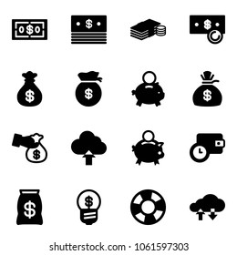 Solid vector icon set - dollar vector, cash, money bag, piggy bank, encashment, upload cloud, wallet time, business idea, lifebuoy, exchange data