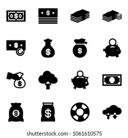 Solid vector icon set - dollar vector, cash, money bag, piggy bank, encashment, upload cloud, lifebuoy, exchange data