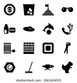 Solid vector icon set - dollar vector, garbage, pyramid flag, sunglasses, uv cream, woman hat, dolphin, phone, sun panel, binary code, cpu, plumber, nut, rake, pipe welding, dinosaur toy