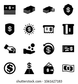 Solid vector icon set - dollar vector, cash, safe, sun, receipt, atm, card pay, money back, check, finance management