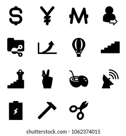 Solid vector icon set - dollar sign vector, yen, monero, user login, shared folder, growth arrow, air balloon, stairs, success, victory, coconut cocktail, satellite antenna, battery, hammer