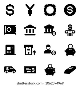 Solid vector icon set - dollar sign vector, yen, currency, coin, safe, bank, account, atm, piggy, encashment car, check, gold