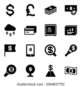 Solid vector icon set - dollar vector, pound, cash, money rain, credit card, safe, statistics report, flag, mobile payment, click, torch, search, tree