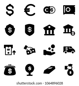 Solid vector icon set - dollar vector, euro, safe, bank, account, atm, cash pay, encashment car, purse, money tree, gold, rich