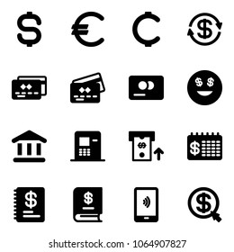 Solid vector icon set - dollar sign vector, euro, cent, exchange, credit card, smile, bank, atm, finance calendar, annual report, mobile payment, money click