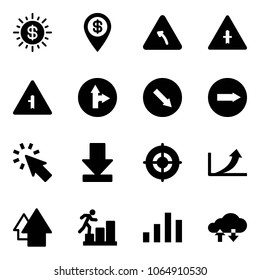 Solid vector icon set - dollar sun vector, pin, turn left road sign, intersection, only forward right, detour, cursor, download, target, growth arrow, up, career, chart, cloud exchange data