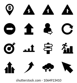 Solid vector icon set - dollar pin vector, intersection road sign, only right, uplooad, user login, reload, target, growth arrow, signpost, career, arrows up, cloud exchange data, cursor