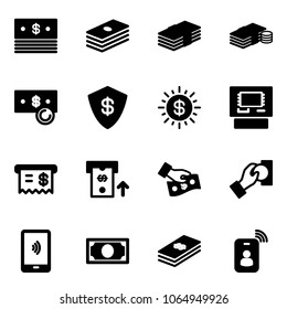 Solid vector icon set - dollar vector, cash, safe, sun, atm, receipt, pay, mobile payment, money, identity card