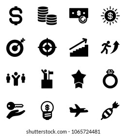 Solid vector icon set - dollar sign vector, coin, cash, sun, target, growth, career, team leader, win, star medal, diamond ring, key hand, business idea, plane, dart
