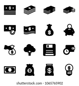 Solid vector icon set - dollar vector, cash, money bag, piggy bank, encashment, upload cloud, save, wallet time, business idea
