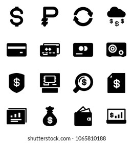 Solid vector icon set - dollar vector, ruble, exchange, money rain, credit card, safe, atm, search, account statement, statistics report, bag, wallet