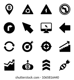 Solid vector icon set - dollar pin vector, round motion road sign, intersection, no left turn, only right, cursor, monitor, arrow, refresh, target, growth, chevron, dart