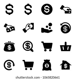 Solid vector icon set - dollar sign vector, coin, card pay, cash, money back, purse, click, cart, basket, reload, bag, home