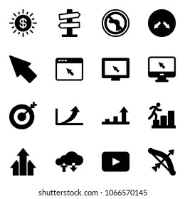 Solid vector icon set - dollar sun vector, road signpost sign, no left turn, detour, cursor, browser, monitor, target, growth arrow, career, arrows up, cloud exchange data, playback, bow