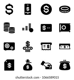 Solid vector icon set - dollar sign vector, mobile payment, coin, credit card, safe, bank, receipt, cash, account statement, money bag, pay, purse