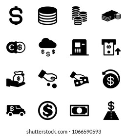 Solid vector icon set - dollar sign vector, coin, cash, euro, money rain, atm, investment, pay, back, encashment car