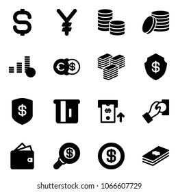 Solid vector icon set - dollar sign vector, yen, coin, euro, big cash, safe, atm, pay, wallet, search money