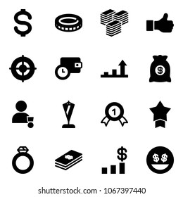 Solid vector icon set - dollar vector, coin, big cash, like, target, wallet time, growth arrow, money bag, winner, pennant, gold medal, star, diamond ring, chart, smile
