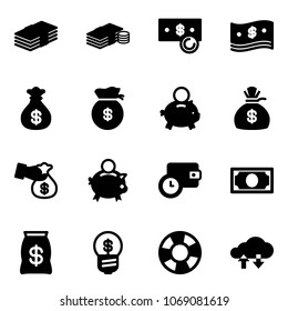 Solid vector icon set - dollar vector, cash, money bag, piggy bank, encashment, wallet time, business idea, lifebuoy, cloud exchange data