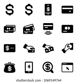 Solid vector icon set - dollar sign vector, mobile payment, credit card, tap pay, cash, purse, money click, cursor browser